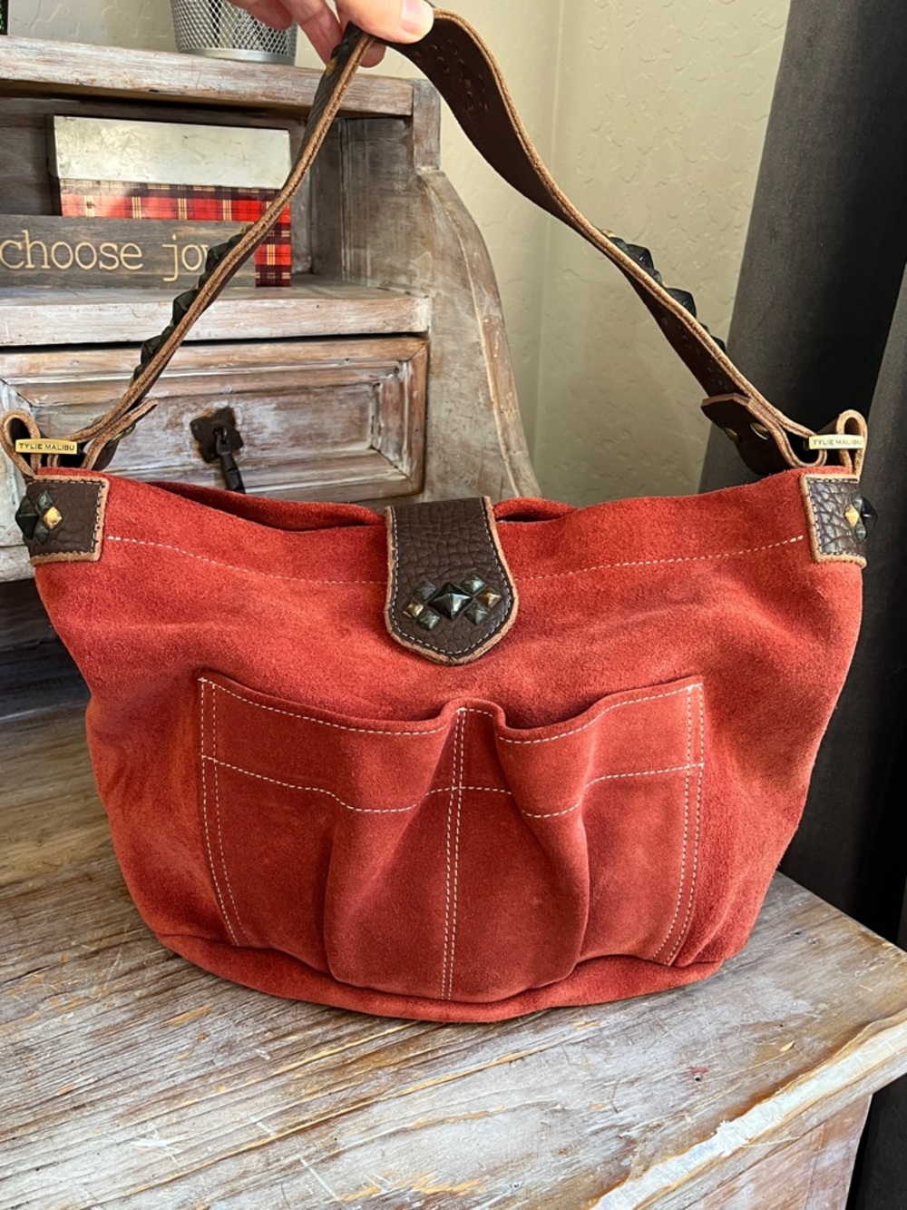 Tylie Malibu Rust Red Suede Hobo Bag with Brown Accents